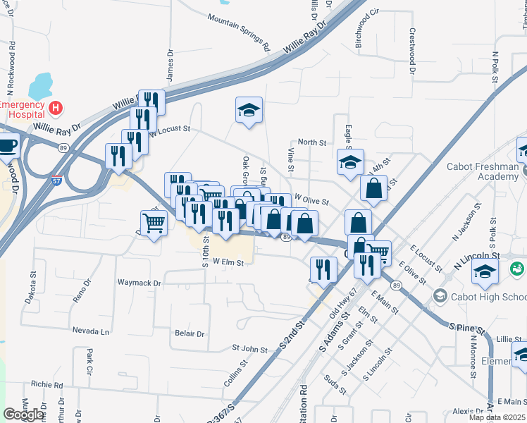 map of restaurants, bars, coffee shops, grocery stores, and more near 34 Oak Grove Circle in Cabot