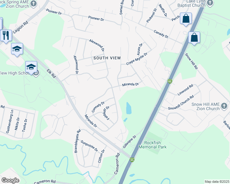 map of restaurants, bars, coffee shops, grocery stores, and more near 4813 Miranda Drive in Hope Mills