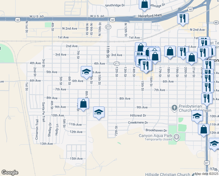 map of restaurants, bars, coffee shops, grocery stores, and more near 610 11th Street in Canyon