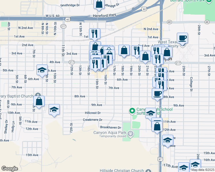 map of restaurants, bars, coffee shops, grocery stores, and more near 1515 7th Avenue in Canyon