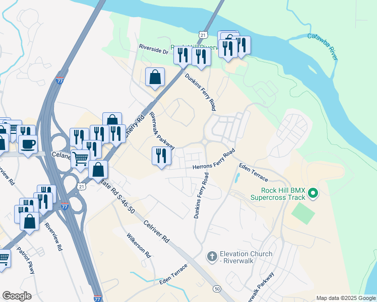 map of restaurants, bars, coffee shops, grocery stores, and more near 1050 Riverwalk Parkway in Rock Hill