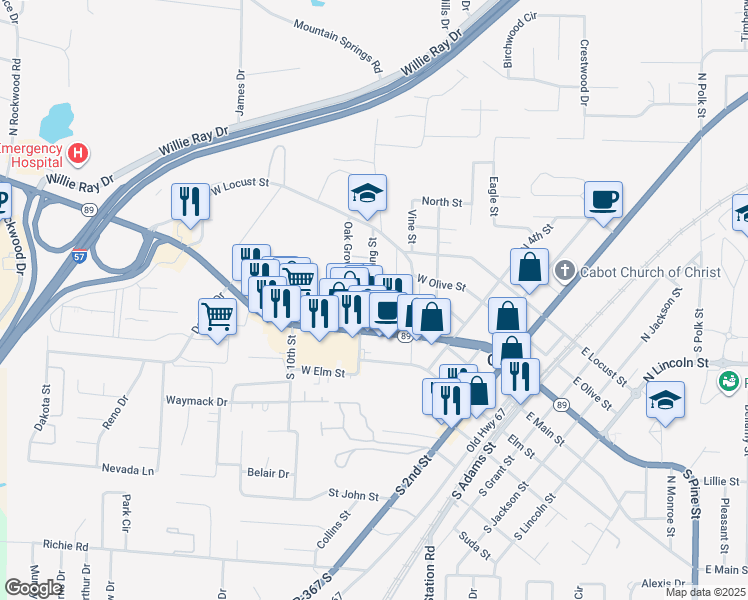 map of restaurants, bars, coffee shops, grocery stores, and more near 34 Oak Grove Circle in Cabot