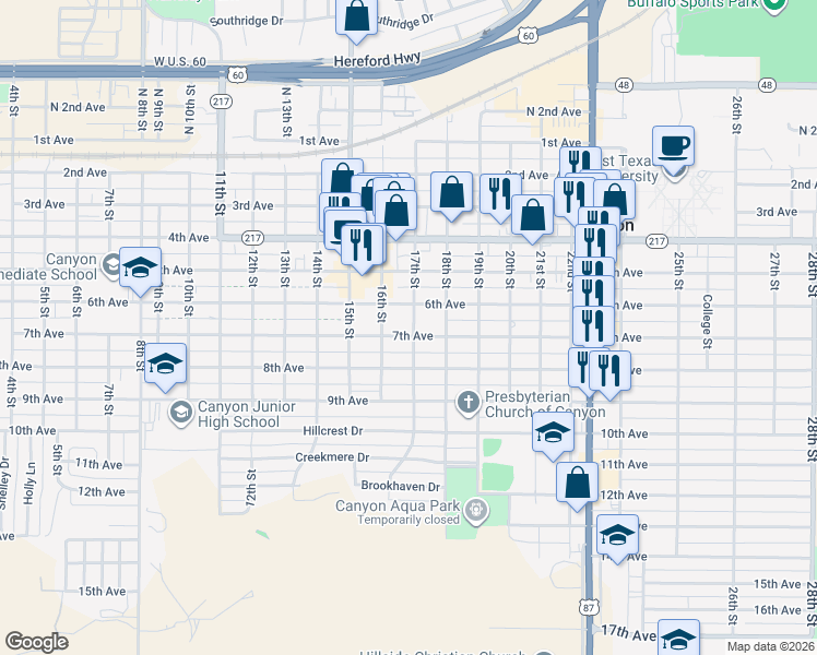 map of restaurants, bars, coffee shops, grocery stores, and more near 1619 7th Ave in Canyon