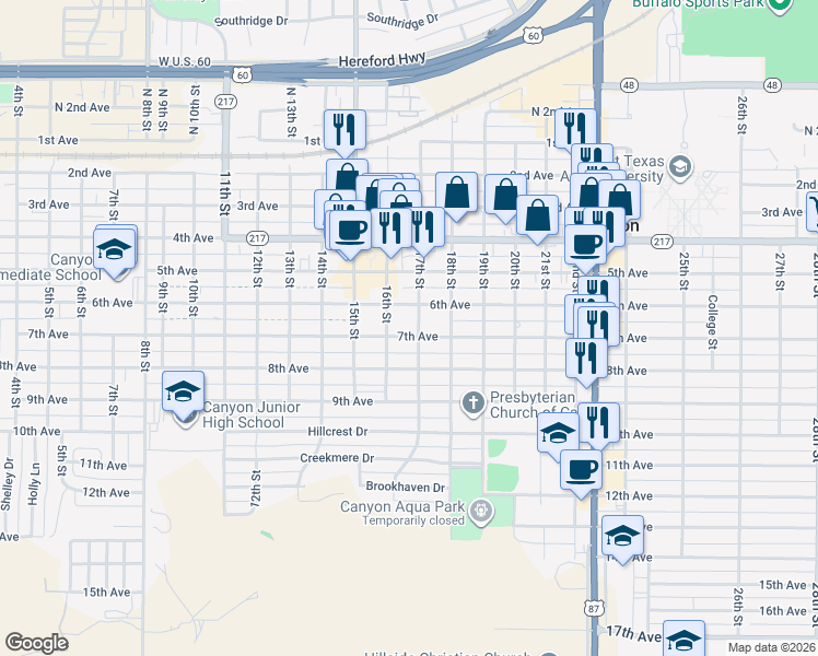 map of restaurants, bars, coffee shops, grocery stores, and more near 1619 7th Ave in Canyon