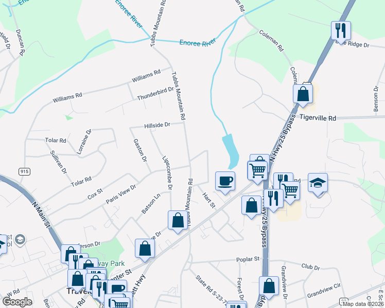 map of restaurants, bars, coffee shops, grocery stores, and more near 309 Tubbs Mountain Road in Travelers Rest