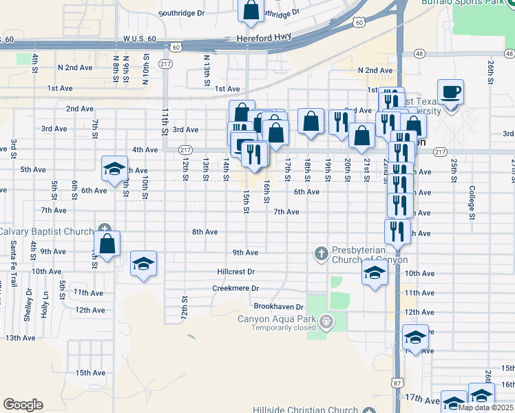 map of restaurants, bars, coffee shops, grocery stores, and more near 1507 7th Avenue in Canyon