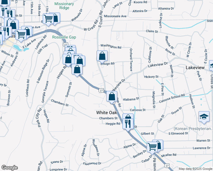 map of restaurants, bars, coffee shops, grocery stores, and more near 1404 South Crest Road in Rossville
