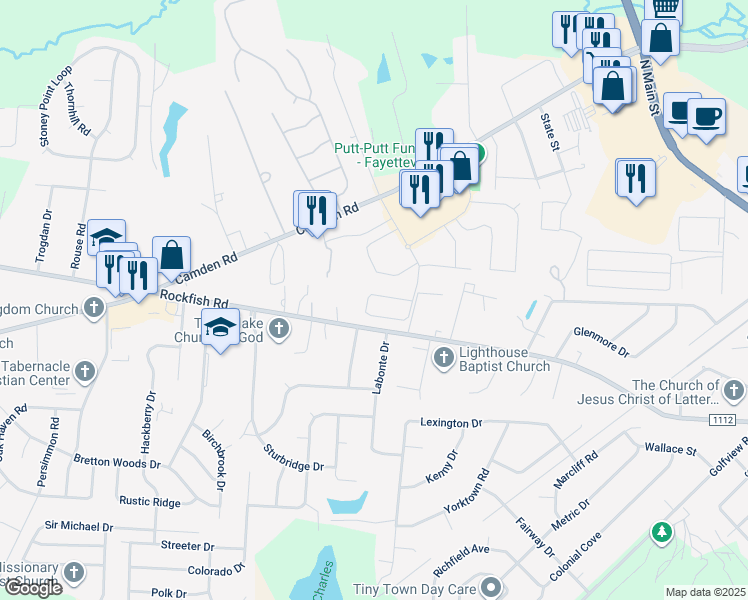 map of restaurants, bars, coffee shops, grocery stores, and more near 3558 South Peak Drive in Fayetteville