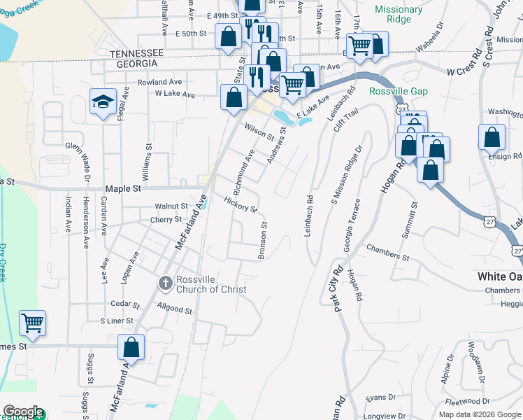 map of restaurants, bars, coffee shops, grocery stores, and more near 224 Beech Street in Rossville