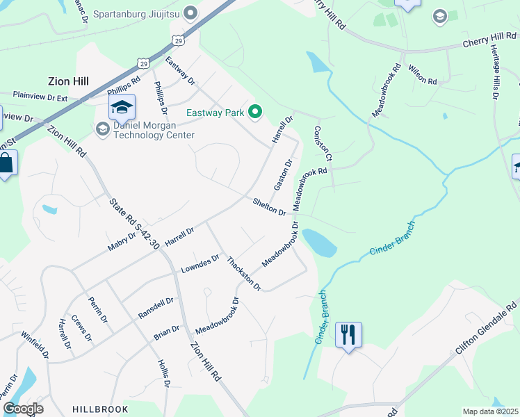 map of restaurants, bars, coffee shops, grocery stores, and more near 206 Shelton Drive in Spartanburg