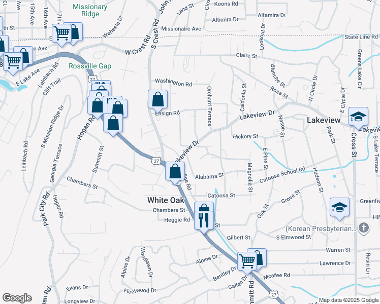 map of restaurants, bars, coffee shops, grocery stores, and more near 207 Lakeview Drive in Rossville