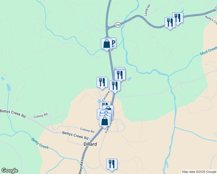 map of restaurants, bars, coffee shops, grocery stores, and more near 253 Carolina Street in Dillard