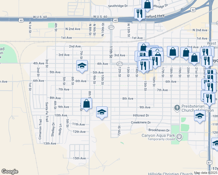 map of restaurants, bars, coffee shops, grocery stores, and more near 610 11th Street in Canyon
