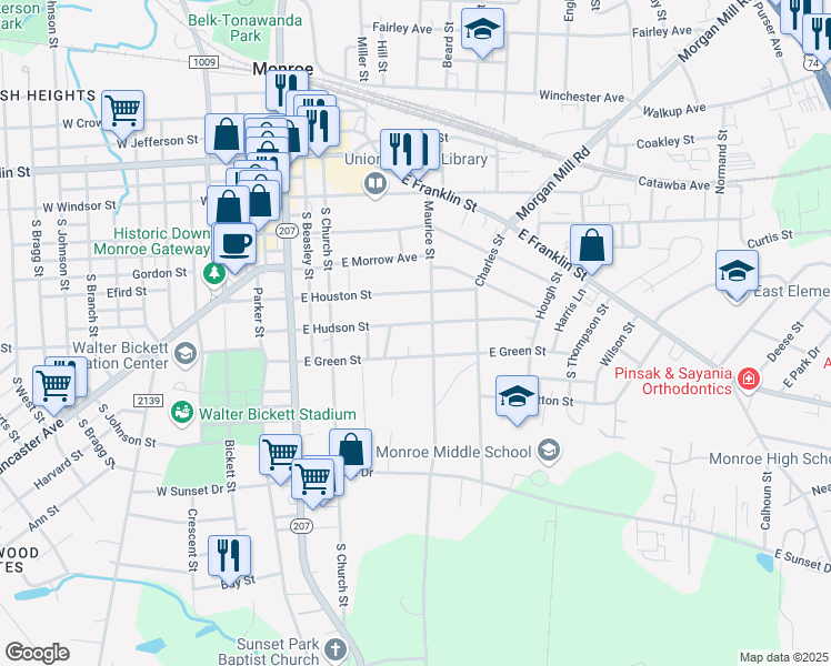 map of restaurants, bars, coffee shops, grocery stores, and more near 330 East Hudson Street in Monroe