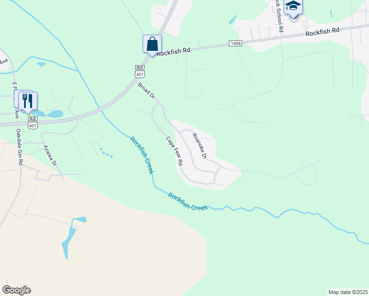 map of restaurants, bars, coffee shops, grocery stores, and more near 526 Broad Drive in Raeford