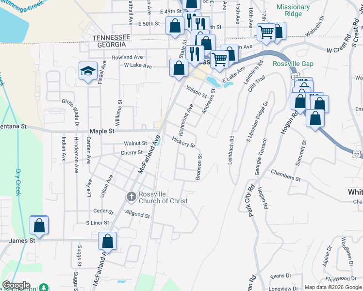 map of restaurants, bars, coffee shops, grocery stores, and more near 201 Hickory Street in Rossville