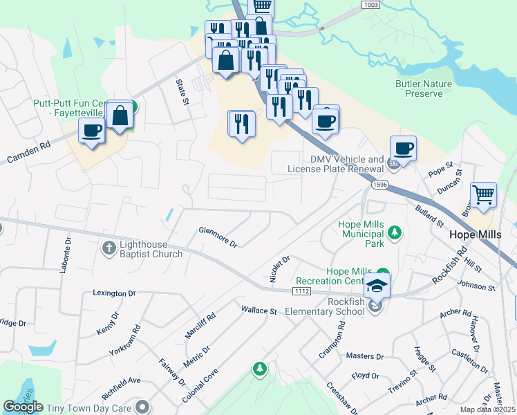 map of restaurants, bars, coffee shops, grocery stores, and more near 5834 Hunting Ridge Road in Hope Mills