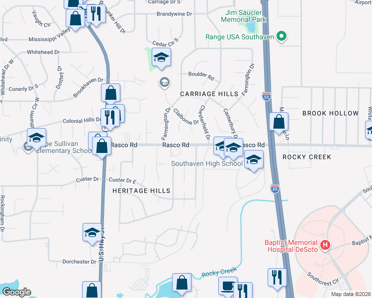 map of restaurants, bars, coffee shops, grocery stores, and more near 1099 Rasco Road West in Southaven