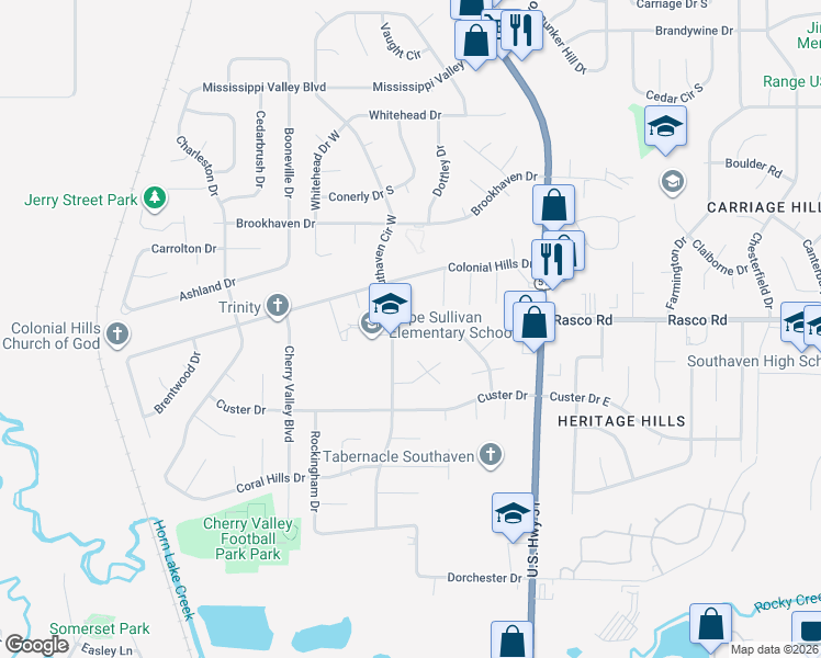 map of restaurants, bars, coffee shops, grocery stores, and more near 1768 Northfield Drive in Southaven
