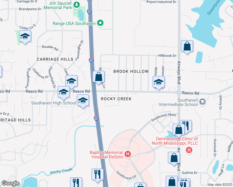 map of restaurants, bars, coffee shops, grocery stores, and more near 494 Rasco Road West in Southaven