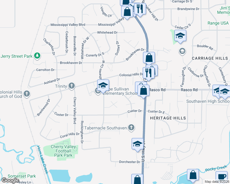 map of restaurants, bars, coffee shops, grocery stores, and more near 1720 Northfield Drive in Southaven