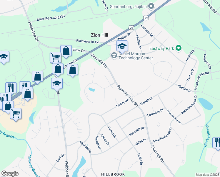 map of restaurants, bars, coffee shops, grocery stores, and more near 205 Cypress Creek Drive in Spartanburg