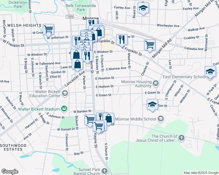 map of restaurants, bars, coffee shops, grocery stores, and more near 300 East Hudson Street in Monroe