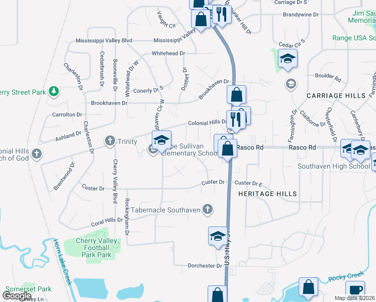 map of restaurants, bars, coffee shops, grocery stores, and more near 1720 Northfield Drive in Southaven