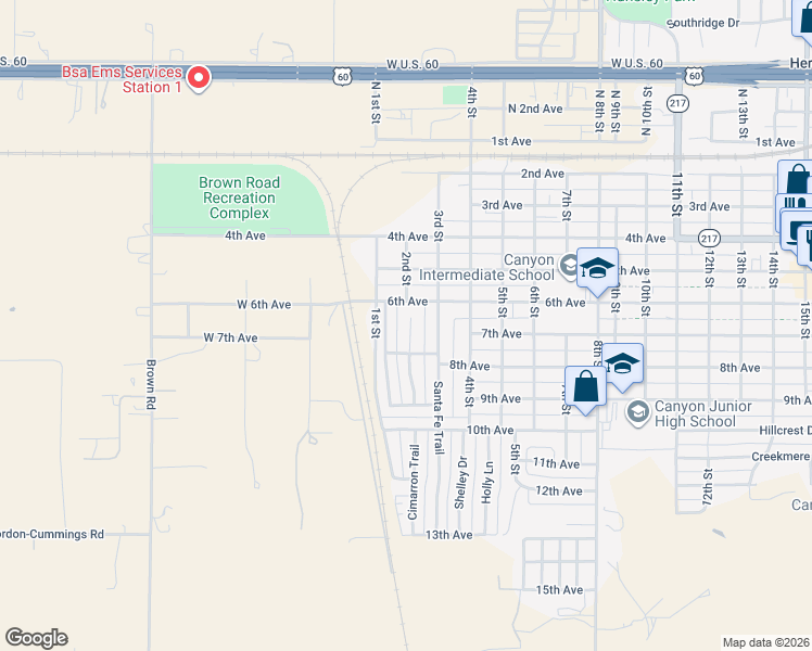map of restaurants, bars, coffee shops, grocery stores, and more near 606 Butterfield Trail in Canyon