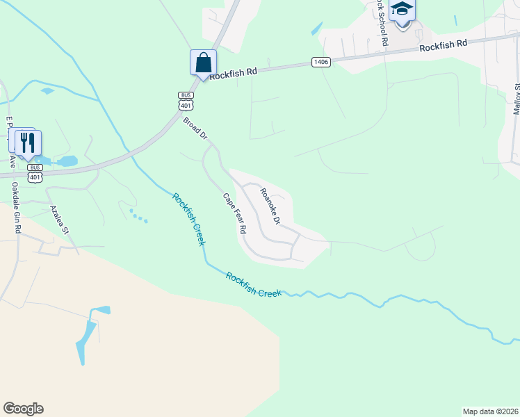 map of restaurants, bars, coffee shops, grocery stores, and more near 543 Broad Drive in Raeford