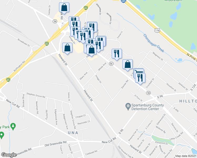 map of restaurants, bars, coffee shops, grocery stores, and more near 7210 Glenn Road in Spartanburg