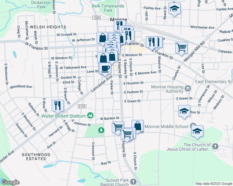 map of restaurants, bars, coffee shops, grocery stores, and more near 509 Parker Street in Monroe