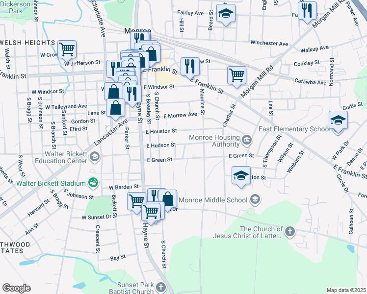 map of restaurants, bars, coffee shops, grocery stores, and more near 314A East Hudson Street in Monroe