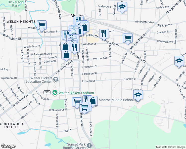 map of restaurants, bars, coffee shops, grocery stores, and more near 300 East Hudson Street in Monroe