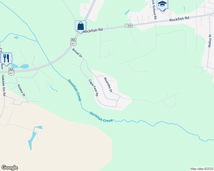 map of restaurants, bars, coffee shops, grocery stores, and more near 252 Roanoke Drive in Raeford