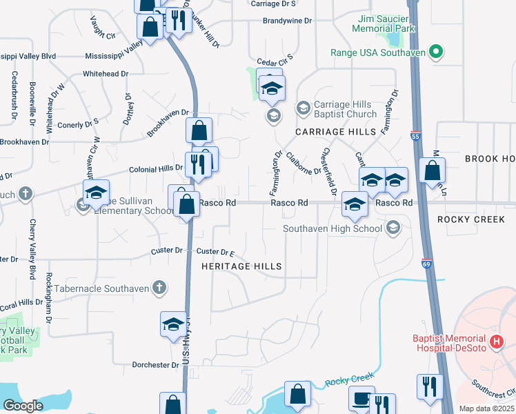 map of restaurants, bars, coffee shops, grocery stores, and more near 7985 Nathan Sawyer Drive in Southaven