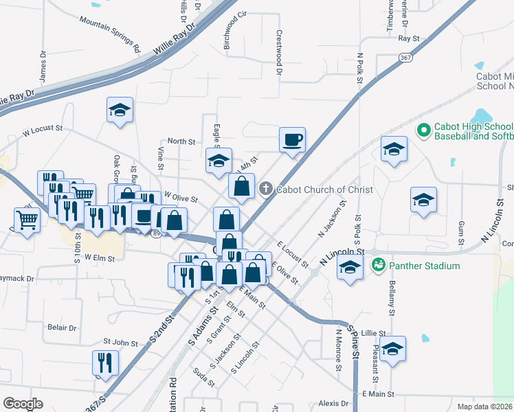 map of restaurants, bars, coffee shops, grocery stores, and more near 410 North 2nd Street in Cabot
