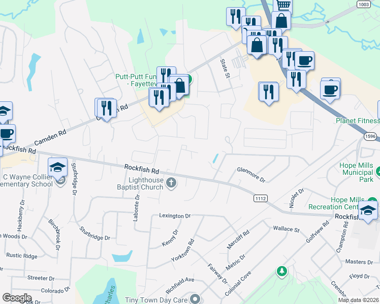 map of restaurants, bars, coffee shops, grocery stores, and more near 5997 Love Court in Hope Mills