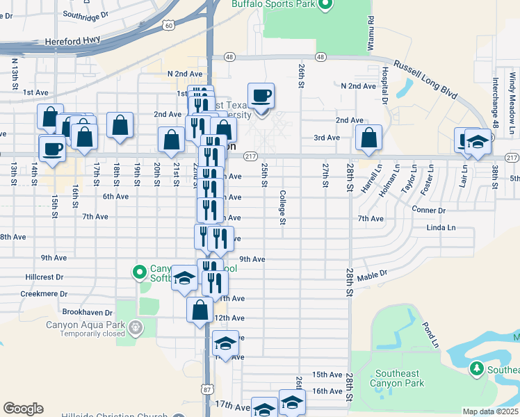 map of restaurants, bars, coffee shops, grocery stores, and more near 606 25th Street in Canyon