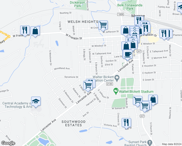 map of restaurants, bars, coffee shops, grocery stores, and more near 701 South Johnson Street in Monroe