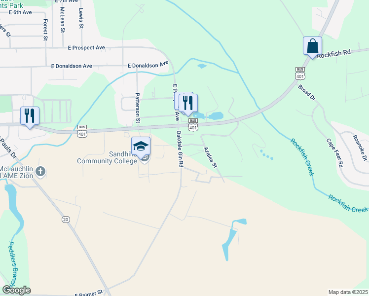 map of restaurants, bars, coffee shops, grocery stores, and more near 241 Oakdale Gin Road in Raeford