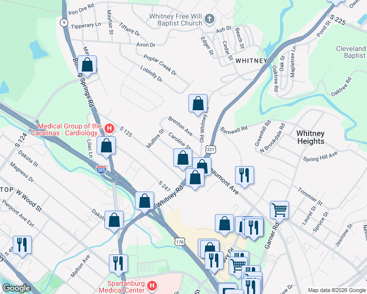 map of restaurants, bars, coffee shops, grocery stores, and more near 112 Caroline Street in Spartanburg