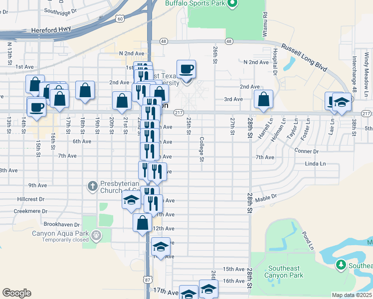 map of restaurants, bars, coffee shops, grocery stores, and more near 606 25th Street in Canyon