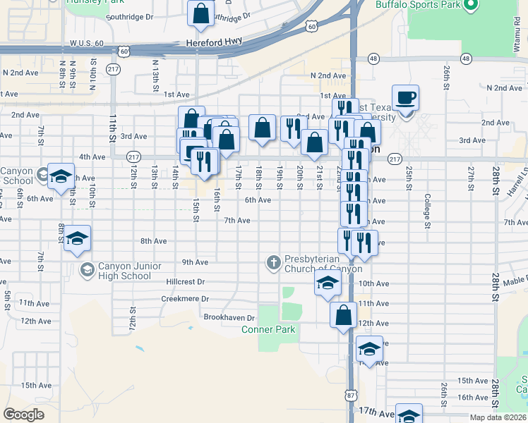 map of restaurants, bars, coffee shops, grocery stores, and more near in Canyon