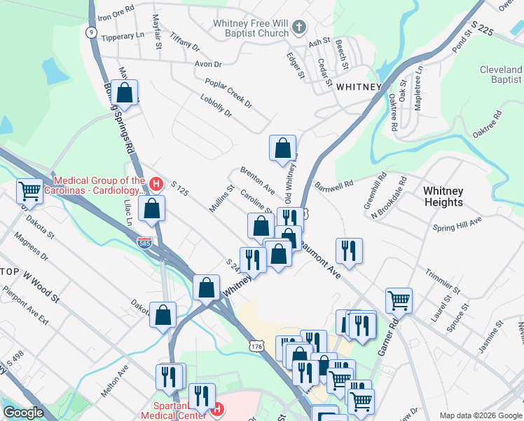 map of restaurants, bars, coffee shops, grocery stores, and more near 112 Caroline Street in Spartanburg