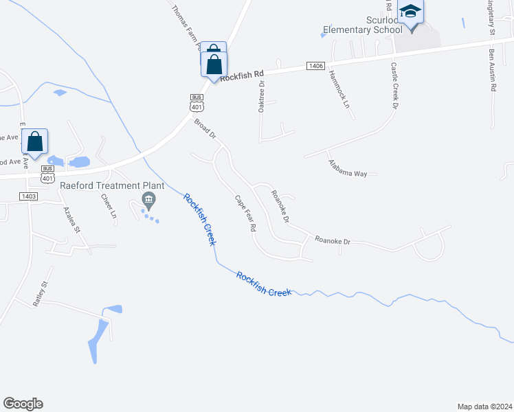 map of restaurants, bars, coffee shops, grocery stores, and more near 512 Broad Drive in Raeford