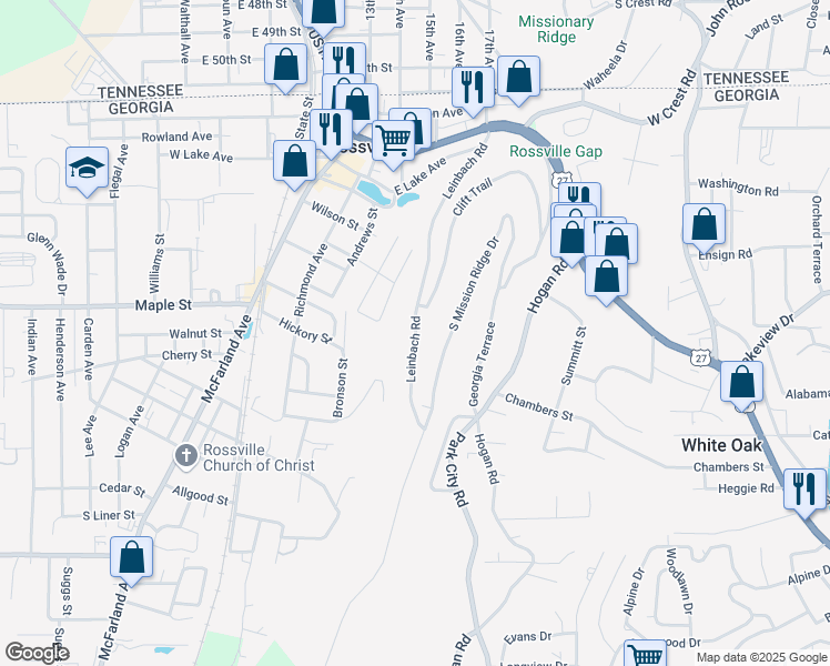map of restaurants, bars, coffee shops, grocery stores, and more near 175 Leinbach Road in Rossville