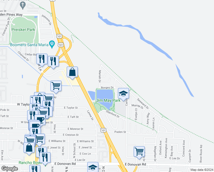 map of restaurants, bars, coffee shops, grocery stores, and more near 723 Borges Drive in Santa Maria