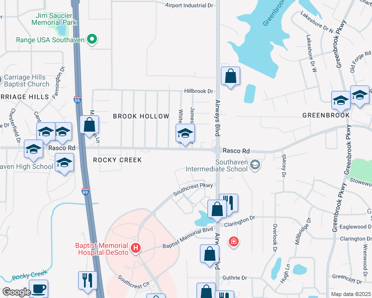 map of restaurants, bars, coffee shops, grocery stores, and more near 175 Rasco Road West in Southaven