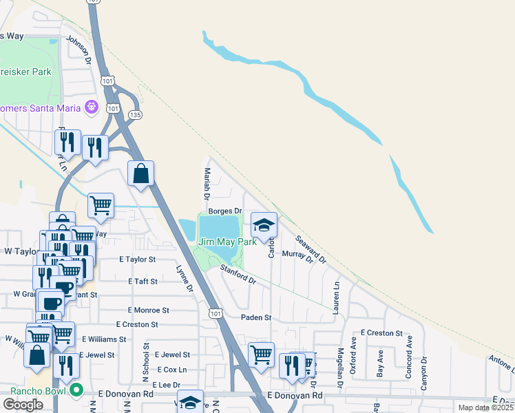 map of restaurants, bars, coffee shops, grocery stores, and more near 838 Borges Drive in Santa Maria